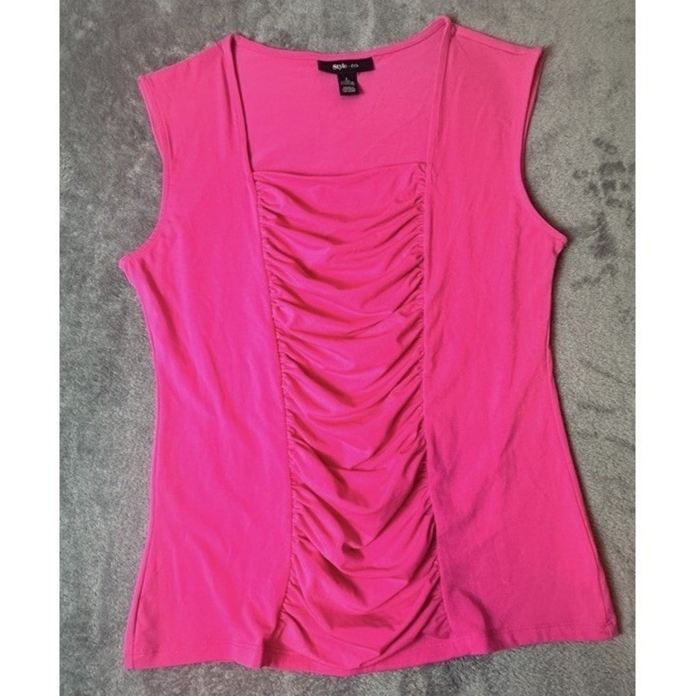 Style&Co Womens‎ Blouse Top Pink Pullover Rusching Sleeveless  Stretch SzLarge L